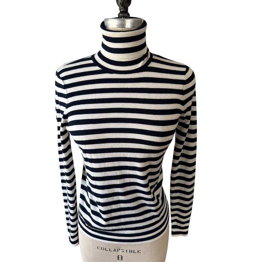 Lauren Ralph Lauren Merino Striped Turtleneck Sweater in Navy & White Size Small